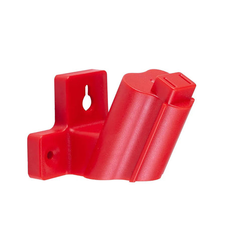 Red ABS plastic tool holder from Six Pack Tool Holder Mounts For 12V Drill Hanger And Wall Storage, showing three screw holes.