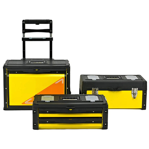 Three Layer Portable Tool Box On Wheels Detachable Tool Chest With Trolley displayed in separate compartments