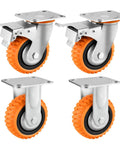 Four heavy duty five inch polyurethane caster wheels with dual lock brakes and orange treads for easy movement.