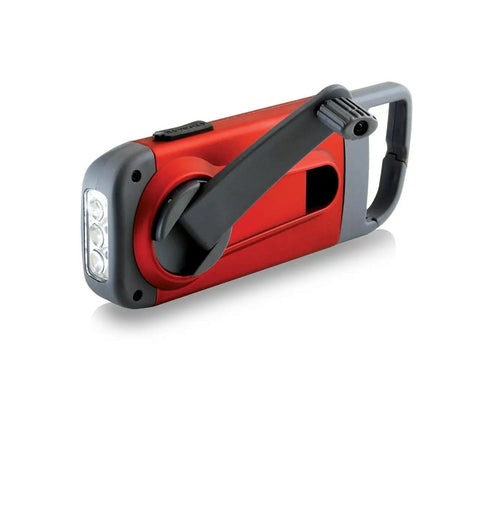 Clipray Clip On Hand Crank Flashlight And Phone Charger For Emergency Prep No Batteries Needed One Minute Crank Delivers Ten Minutes Of Bright LED Light Cherry Red with USB port and LED lights visible.