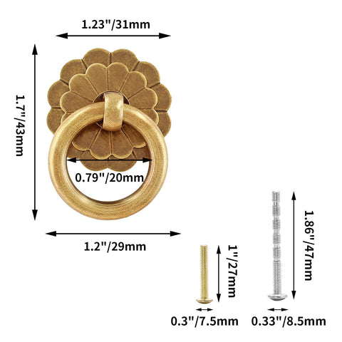 Four Pack Bronze Metal Ring Pull Handles for Cabinets and Drawers 1.2 Inch Diameter with screws and dimensions shown