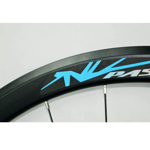Close-up of Badass 700C Road Bike Wheelset With 40mm Depth Quick Release Matte Aluminum Rim showing graphic design.