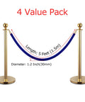 Four Pack Blue Velvet Stanchion Ropes 5 Feet Long With Gold Clasps set up between two gold stanchions