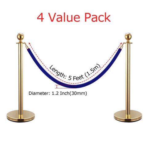Four Pack Blue Velvet Stanchion Ropes 5 Feet Long With Gold Clasps set up between two gold stanchions