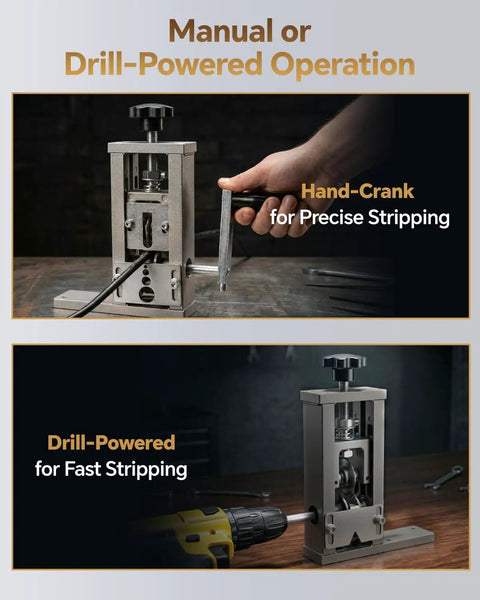 Heavy Duty Professional Grade Wire Stripping Machine That Shreds Thick Cables With No Sweat Manual Or Electric Drill Powered Cable Stripper Tool for scrap wiring with manual cranking and drill operation.