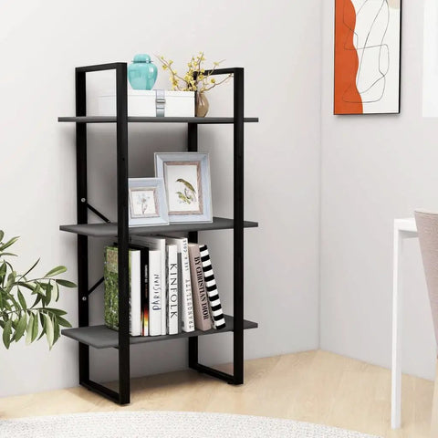 Three Tier Industrial Grey Storage Shelf Engineered Wood Freestanding Bookcase For Living Room And Basement, with books and decor.