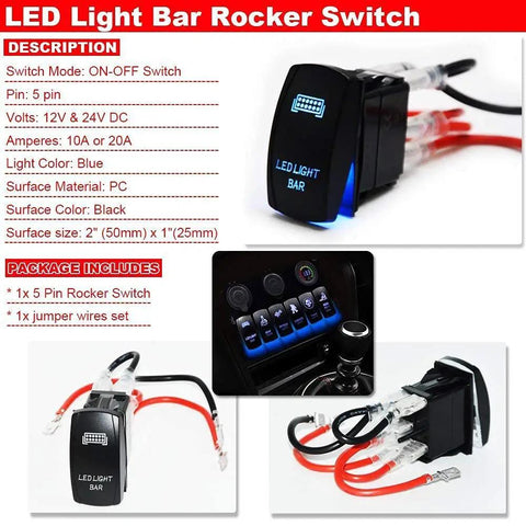Beefy Blue Backlit 5 Pin 20A 12V Rocker Switch For LED Light Bar Off Road Lighting Universal Fitment For UTV ATV Truck And Motorcycle Clear Face Glow At Night Works With Polaris Ranger RZR XP Turbo Can Am Commander Maverick X3, black 50x25mm PC rocker switch