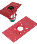 Built Tough Aluminum Router Table Insert Plate with red anodized surface and adjustable ring for precise woodworking cuts.