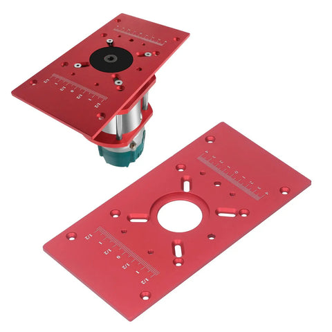 Built Tough Aluminum Router Table Insert Plate with red anodized surface and adjustable ring for precise woodworking cuts.
