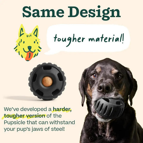 Power Chewer Pupsicle Dog Treat Toy For Strong Chewers Ultra Durable Rubber Chew Ball For Medium Dogs 25 To 75 Lbs Easy To Clean Long Lasting Fun That Keeps Pups Busy, black chew toy in dog’s mouth