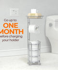 Freestanding Toilet Paper Holder With Shelf For Bathroom Storage Holds Phone Wipes And Mega Rolls In Shiny Chrome next to toilet