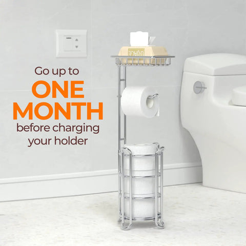 Freestanding Toilet Paper Holder With Shelf For Bathroom Storage Holds Phone Wipes And Mega Rolls In Shiny Chrome next to toilet