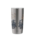 Front view of stainless steel insulated tumbler with wood lathe workshop graphic.