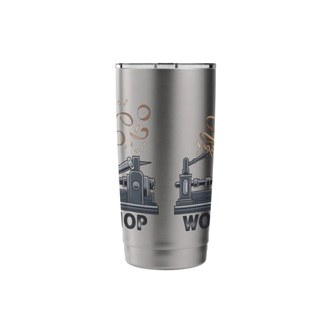Front view of stainless steel insulated tumbler with wood lathe workshop graphic.