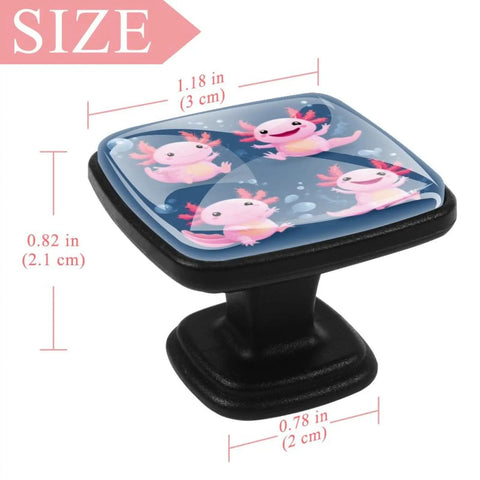 4 Pack Crystal Glass Cabinet Knobs With Screws Dope Pink Axolotl Design Drawer Pulls, dimensions shown, black base