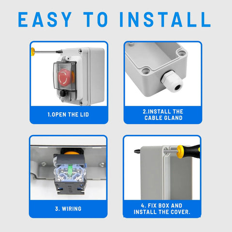 Step-by-step installation guide for Rugged IP67 Emergency Stop Button With Box For Outdoor Use, 660V 10A E Stop Switch With Clear Cover.