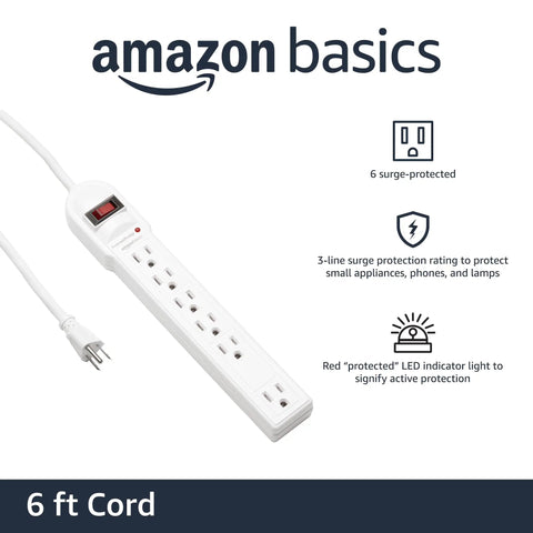 Six Outlet Surge Protector Power Strip With 790 Joules Three Line Surge Protection Circuit Breaker LED Indicator And Six Foot Extension Cord Ideal For Home Office And Entertainment Setup White, shown with features highlighted.