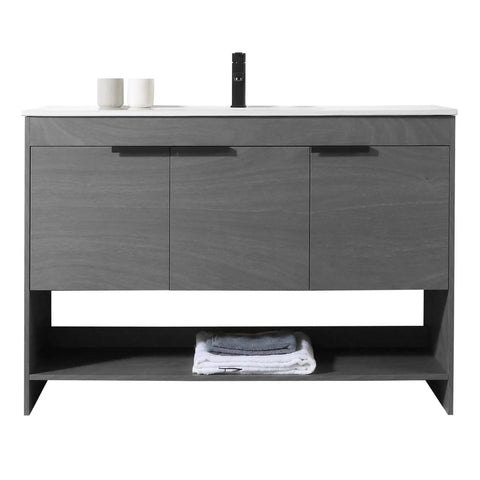 Slick 48 Inch Bathroom Vanity With Built In Sink And Modern Silhouettes Featuring Buttery Smooth Soft Close Doors Spacious Storage Drawers And A Rock Hard Finish Designed For Tiny Baths Requiring Full Assembly front view with grey finish and integrated sink.