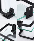 Close-up details of Tempered Glass Floating Bathroom Shelf With Bar, Rectangular Wall Mounted Aluminum Rustproof Black Finish.