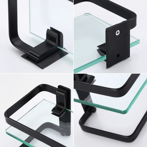 Close-up details of Tempered Glass Floating Bathroom Shelf With Bar, Rectangular Wall Mounted Aluminum Rustproof Black Finish.