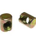 Pack Of Twelve M8 X 15mm Galvanized Barrel Nuts With Pozidriv Top Drive For Heavy Duty Furniture Build, close-up view of two barrel nuts.