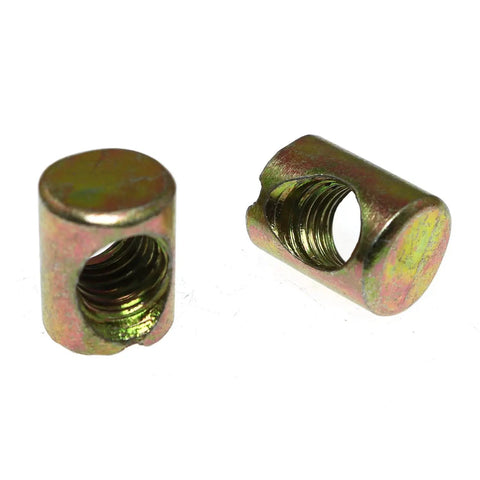 Pack Of Twelve M8 X 15mm Galvanized Barrel Nuts With Pozidriv Top Drive For Heavy Duty Furniture Build, close-up view of two barrel nuts.
