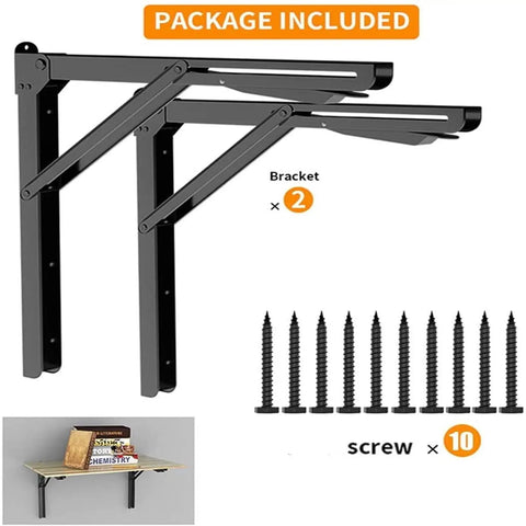 Package includes Heavy Duty 24 Inch Folding Shelf Brackets Wall Mounted Triangle Hinges with two brackets and 10 screws.