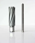 Front view of 1-inch carbide-tipped annular cutter with Weldon shank and matching drill shank.
