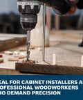 Dead Bang True 5/16 Inch Brad Point Drill Bit in use with a portable drill, drilling into wood for accurate cabinet installation.