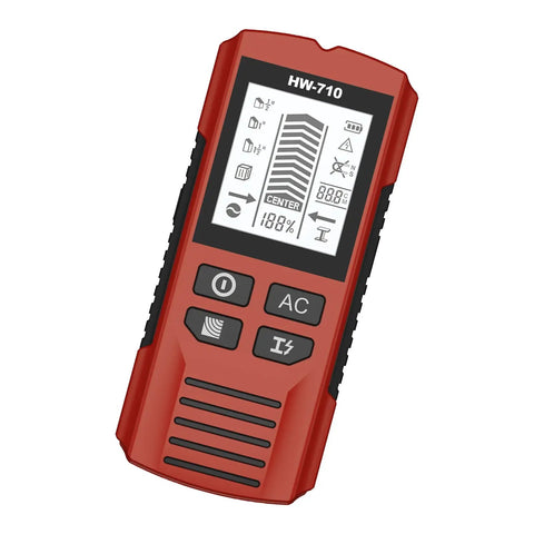 Lightweight 5 in 1 Wall Scanners Studs Finders with Auto Calibration ceiling & floor detectors in red with LCD screen.