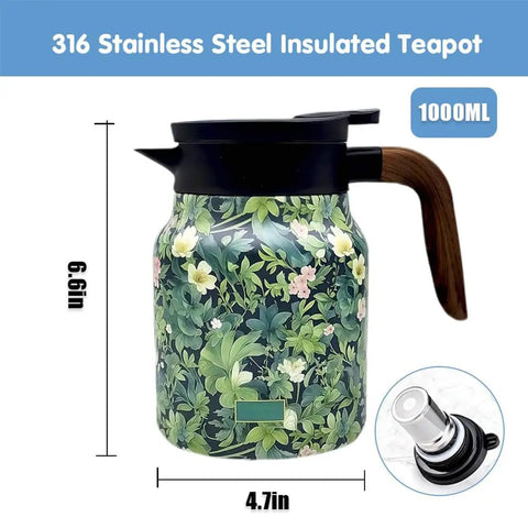 Vintage Floral Teapot With Built In Infuser And V Shaped Spout Stainless Steel Detachable Coffee Pot With Green Wooden Handle