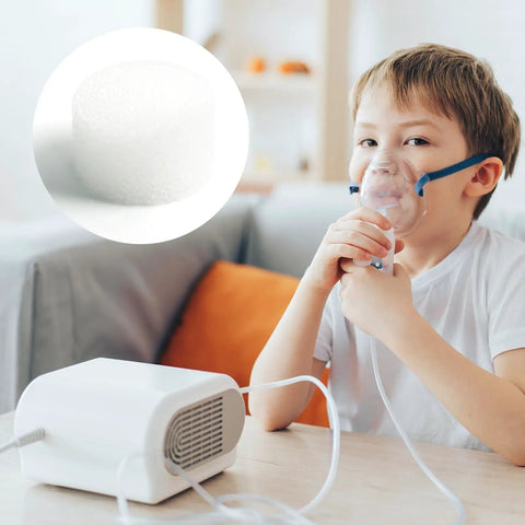 Child using a mist inhaler with Universal Round White Air Filter Sponge For Cool Mist Inhalers And Vaporizers in close-up