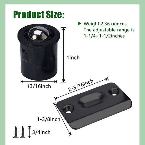 Interior Door Ball Catch Kit With Drive In Design And Adjustable Tension Concealed Dual Bearing Ball Catch System Self Embedding Black Finish 2 Pack For Lock Tight Closures On Doors Measuring About 0.8125 Inch Thick showing size and components