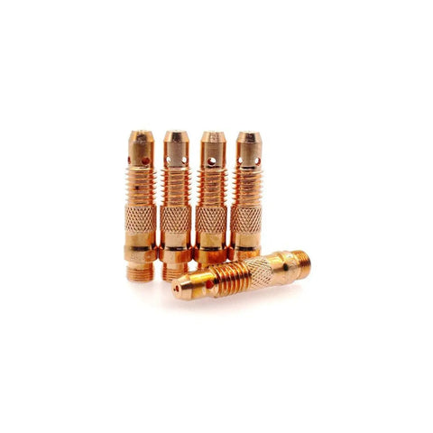 Collet bodies from All In One Assorted Collet Body And Collet Kit For TIG Welding Torches, Fits 17 18 26 Series, copper components displayed