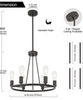 Rustic Farmhouse Round Pendant Lighting 6-Light Chandelier In Oil-Rubbed Bronze with size details and adjustable height feature.