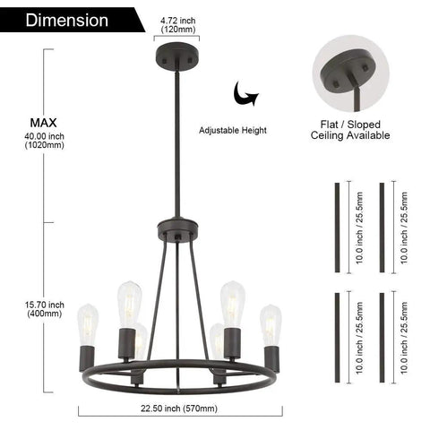 Rustic Farmhouse Round Pendant Lighting 6-Light Chandelier In Oil-Rubbed Bronze with size details and adjustable height feature.