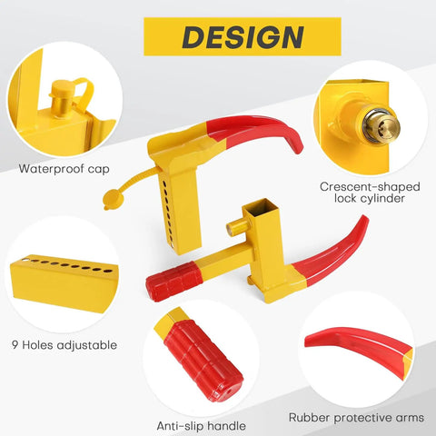 Heavy Duty Wheel Clamp Lock For Cars Trucks Trailers And SUVs Adjustable Universal Tire Lock With 3 Keys Anti Theft Security Durable Steel Construction Soft Coated Clamp Red design features.