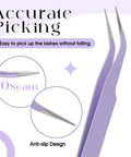 Purple Precision Lash Extension Tweezers highlighting anti-slip design and tip detail for precise isolation, easy at-home use.