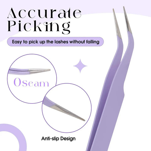 Purple Precision Lash Extension Tweezers highlighting anti-slip design and tip detail for precise isolation, easy at-home use.