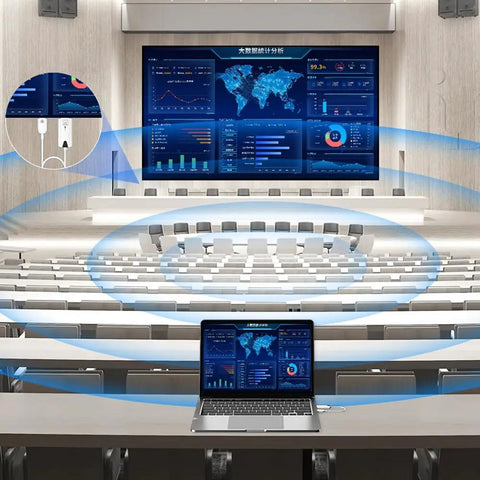 Wireless HDMI Transmitter And Receiver No Fuss Plug And Play 1080P HD Extender demonstrating use in a large conference hall