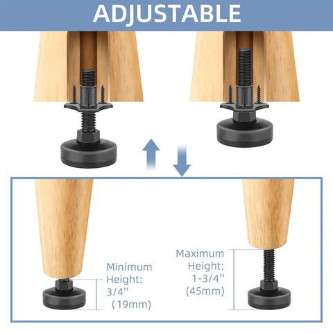 Adjustable feature of Beefy Three Eighths Inch Sixteen Thread Adjustable Leveling Feet Furniture Levelers for height variations.