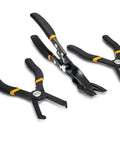 Three Piece Body Clip Pliers Set For Automotive Panels And Plastic Anchors With Center Pins, V Design Removal Tools displayed