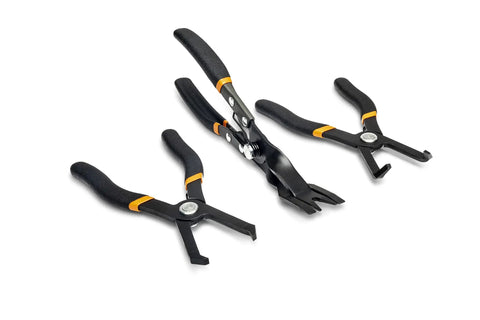 Three Piece Body Clip Pliers Set For Automotive Panels And Plastic Anchors With Center Pins, V Design Removal Tools displayed