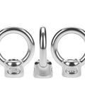 Heavy Duty 316 Stainless Steel Lifting Eye Nuts In One Quarter Inch Unc Thread Rock Solid Marine Grade Corrosion Resistant Hardware For Industrial Rigging And Construction Jobs Pack Of Twenty, showing three eye nuts from different angles.