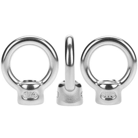 Heavy Duty 316 Stainless Steel Lifting Eye Nuts In One Quarter Inch Unc Thread Rock Solid Marine Grade Corrosion Resistant Hardware For Industrial Rigging And Construction Jobs Pack Of Twenty, showing three eye nuts from different angles.