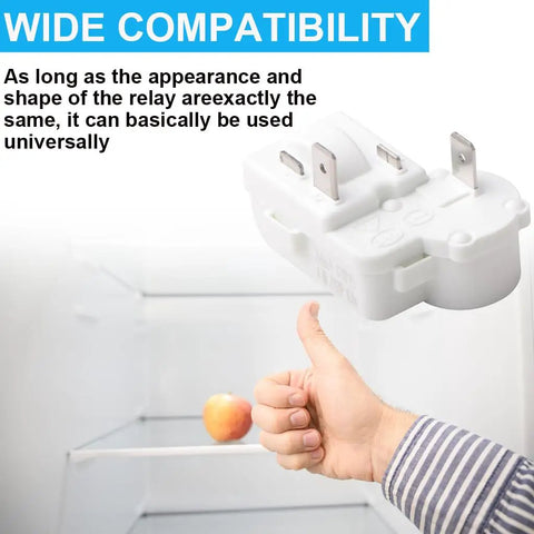 Two Pack 2 Pin PTC Starter Relay Replacement For Fridge Compressor Overload Protector Universal Fit shown with compatibility message