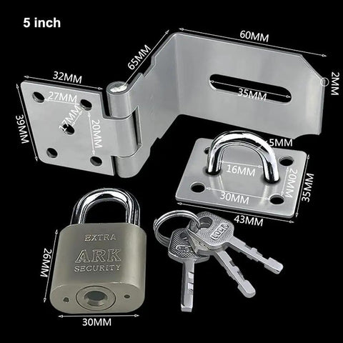 Stainless Steel 90 Degree Hasp Lock with Padlock for Door Gate and Window, 5 inch, includes metal latch and keys.