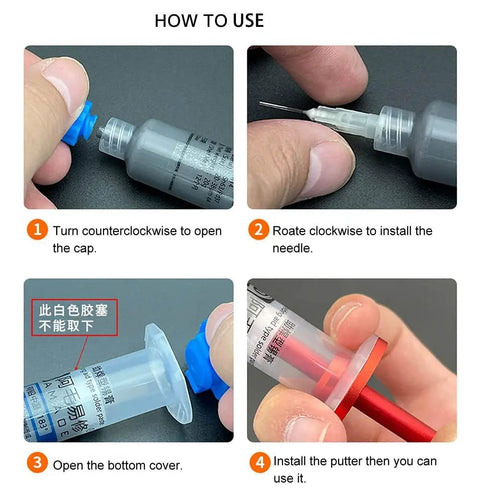 Step-by-step guide for using the Leaded Solder Paste Flux Syringe Kit With 10 Replacement Needles For PCB IC And Mobile Phone Motherboard Repair DIY Friendly SMD Rework BGA Welding Easy To Apply Smooth Flow Medium Temperature Melts At 183C 362F 20 Grams