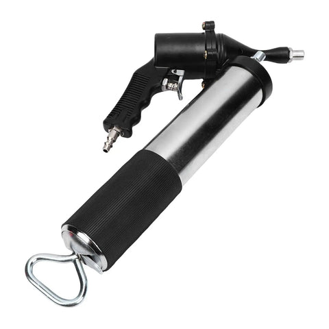Pneumatic Grease Gun Kit With 18 Inch Flexible Hose And 5.5 Inch Extension Tube Heavy Duty Grip visible on white background.