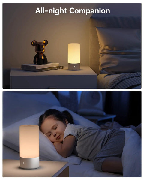 Modern Smart Bedside Table Lamp With Touch Control 3 Brightness Levels And 256 RGB Color Modes next to sleeping child and teddy bear